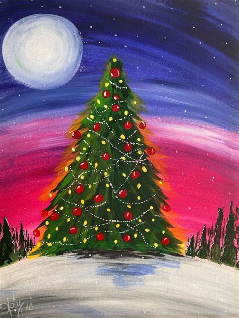 A Painting Of A Christmas Tree With Lights On It In Front Of A Night Sky