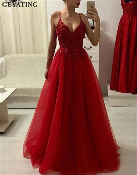 Wine Red Tulle Long Evening Dress 2019 Sexy Spaghetti Strap A Line Beaded Lace Appliques Cheap