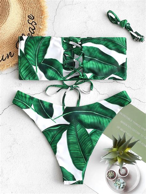 Zaful Palm Leaf Lace Up Bandeau Bikini Swimsuit White Bikini