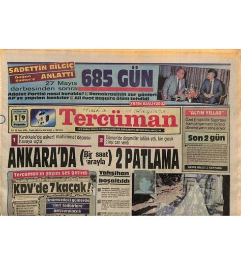 Tercüman Gazetesi 19 Haziran 1986 Ankarada Bir Saat Arayla 2 Patlama