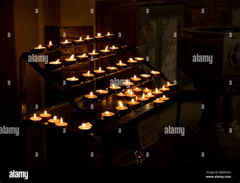 A stand of alter candles taken at a Roman Catholic Church during a ...