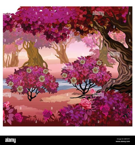 Fairy Forest With Pink Trees Fantasy Nature Vector Illustration Stock