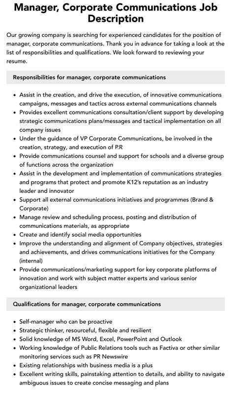 Manager Corporate Communications Job Description Velvet Jobs