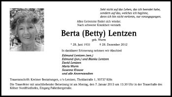 Traueranzeigen Von Berta Lentzen WirTrauern