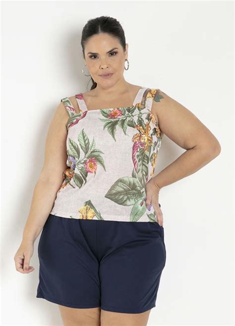 Blusa Floral Bege Alças Duplas Plus Size Marguerite