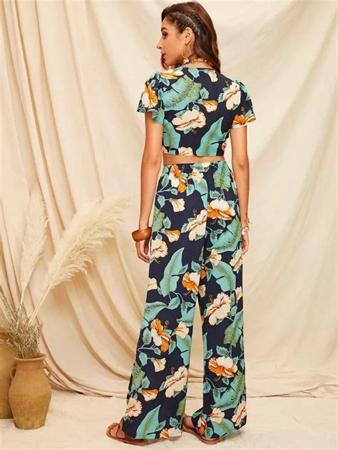 Shein Tropical Print Knotted Crop Top And Wide Leg Pants Set Lace Dress