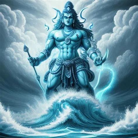 Angry Gigantic God Shiva Breaching Raging Tsunami Wa