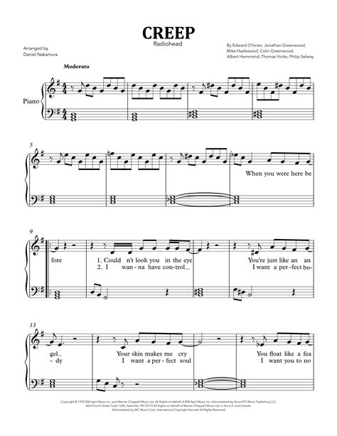 Creep Arr Daniel Nakamura Sheet Music Radiohead Piano Solo