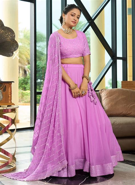 Shop Lavender Faux Georgette Embroidered Sequins A Line Lehenga With