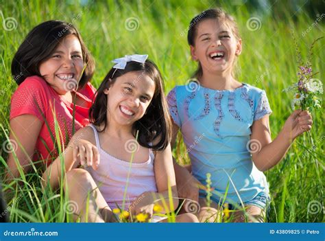 Three Happy Teen Girls At Park Stock Image Image Of Grass Friendship