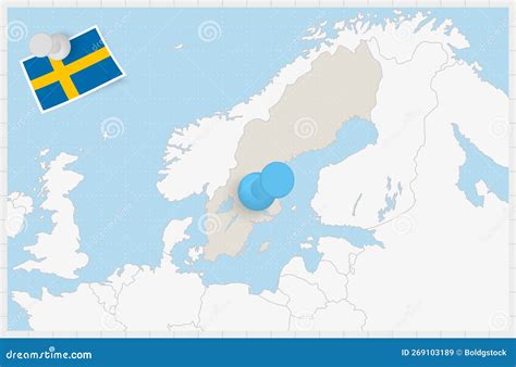 Map of Sweden with a Pinned Blue Pin. Pinned Flag of Sweden Stock ...