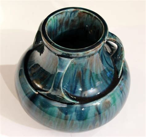 Awaji Pottery Art Deco Japanese Vintage Studio Vase In Blue Flambé Drip