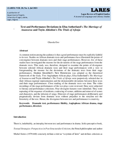 Pdf Text And Performance Deviations In Efua Sutherlands The Marriage