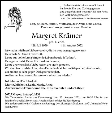 Traueranzeigen Von Margret Kr Mer Rz Trauer De