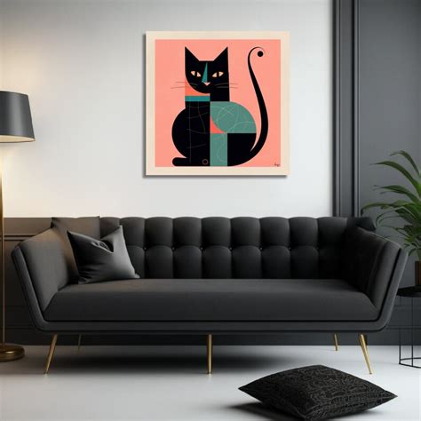 Mid Century Modern Cat Wall Art Black Cat Art Print Mcm Etsy