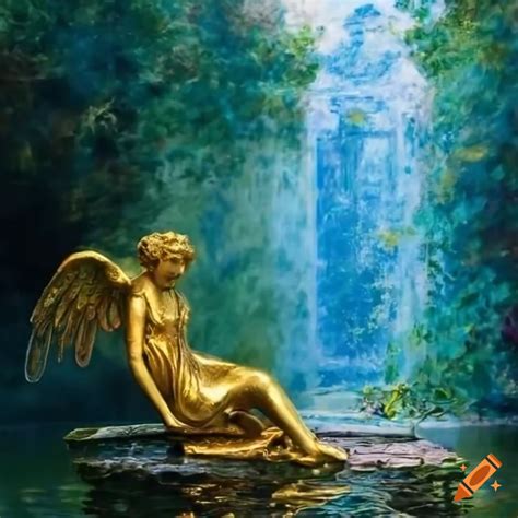 Painting Of A Victorian Garden With Gold Angel Statues