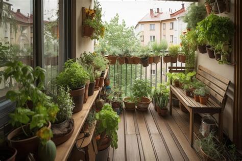 Premium AI Image Balcony Filled With Potted Herbs And Vegetables