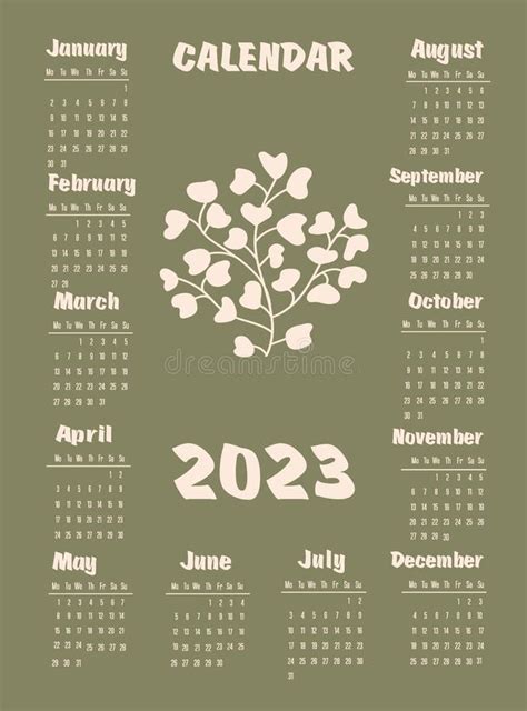 Calendar 2023 With Abstract Plants Week Starts On Monday Stock