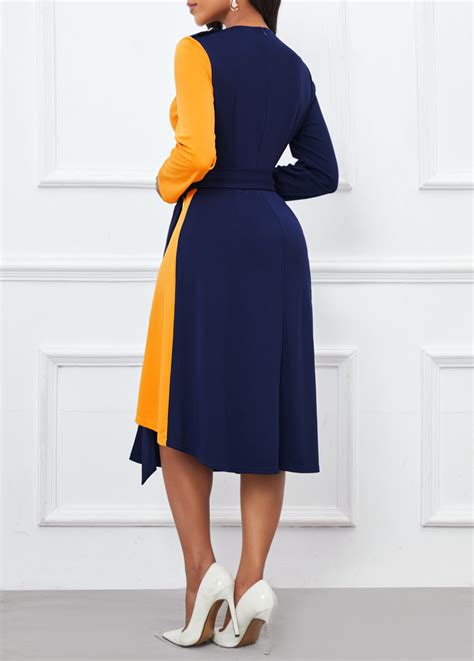 Navy Asymmetry Belted Long Sleeve V Neck Dress Modlily USD 37 98