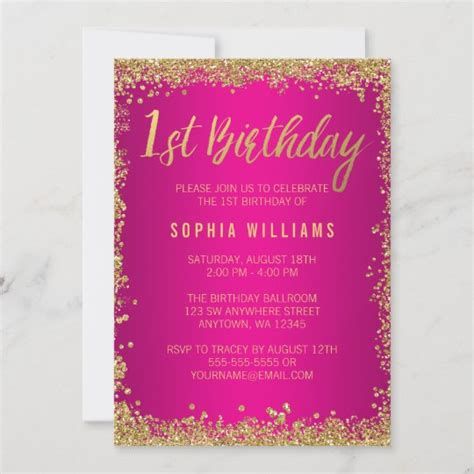 Pink Gold Faux Glitter Girl 1st Birthday Invitation