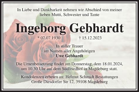 Traueranzeigen Von Ingeborg Gebhardt Abschied Nehmende