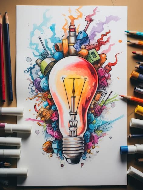 Premium Ai Image A Drawing Of A Light Bulb And Colored Pencils