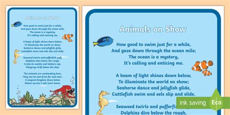 Animals On Show Poem Australian Animal Poem For Kids