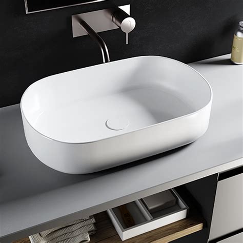 Lavabo Da Appoggio Ovale In Ceramica Bianco Lucido Serie Infinity Cm 55x36