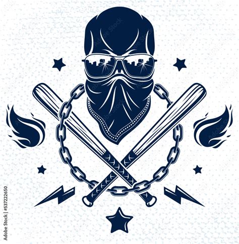 Gang Brutal Criminal Emblem Or Logo With Aggressive Skull Baseball Bats