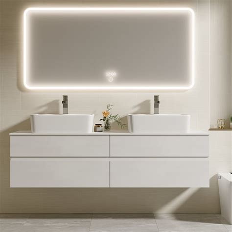 White Floating Bathroom Vanity Set With Faux Marble Top Ceramic