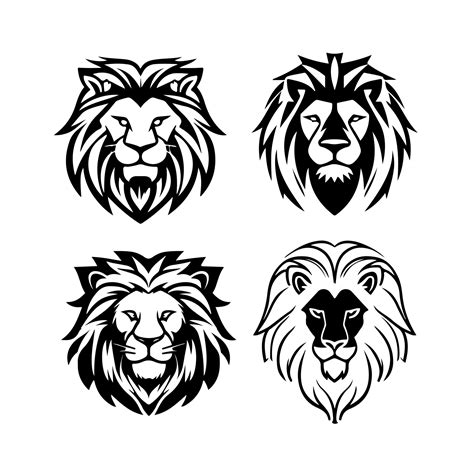 Lion Head Face Logo Set Silhouette Black Icon Tattoo Mascot Hand Drawn