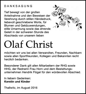 Traueranzeigen Von Olaf Christ Trauer Anzeigen De