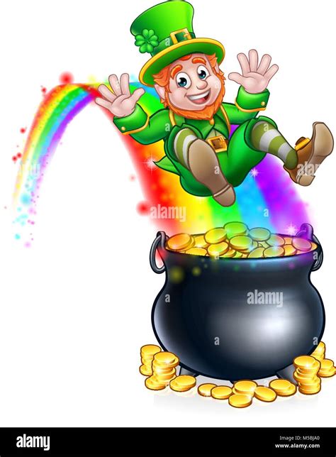 St Patricks Day Leprechaun Rainbow Pot of Gold Stock Vector Image & Art ...