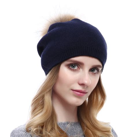 High Quality Cashmere Hat With Fur Pom Pom Women Knitted Cashmere Hat