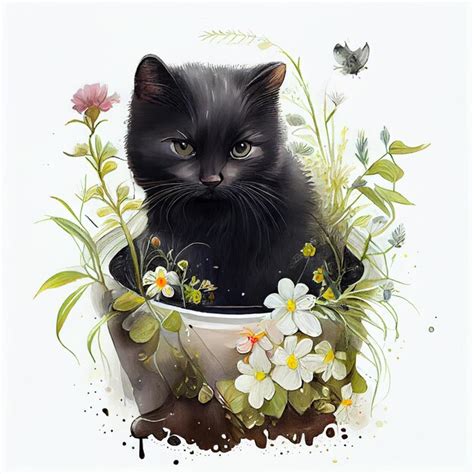 Premium Photo | A black cat sits in a flower pot with the word " cat ...