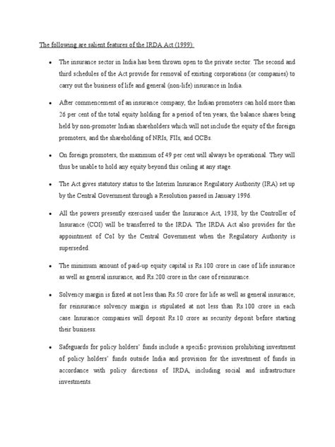 Key Features and Regulations of the Insurance Regulatory and Development Authority (IRDA) Act of ...