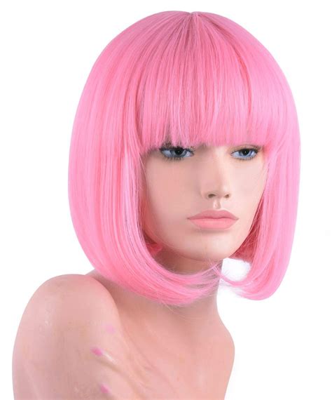 Pastel Pink Short Bob Wig With Bangs For Women 12inchshoulder Length Heat Resistant