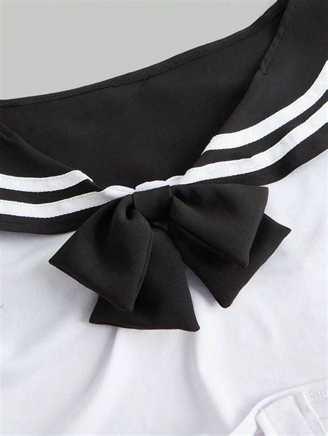 ROMWE Anime Plus Size Bowknot Detail Sailor Collar Stripe Sexy Lingerie