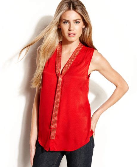 Michael Kors Sleeveless Rhinestone Tiefront Blouse In Red Red Blaze