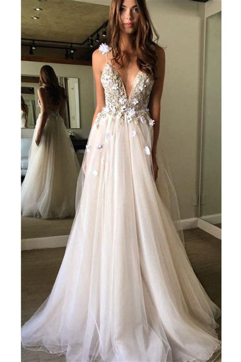 Spaghetti Straps Long V Neck Elegant Open Back Flowy Prom Dresses US