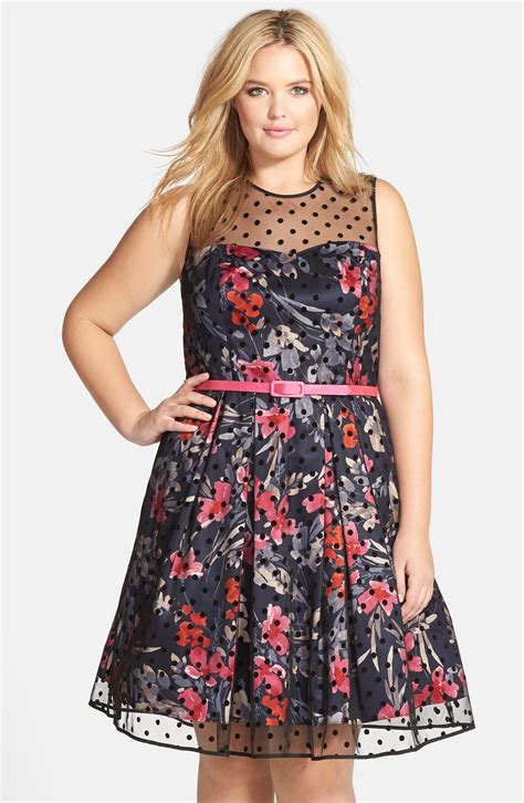 Eliza J Floral Fit And Flare Dress With Dot Mesh Overlay Plus Size