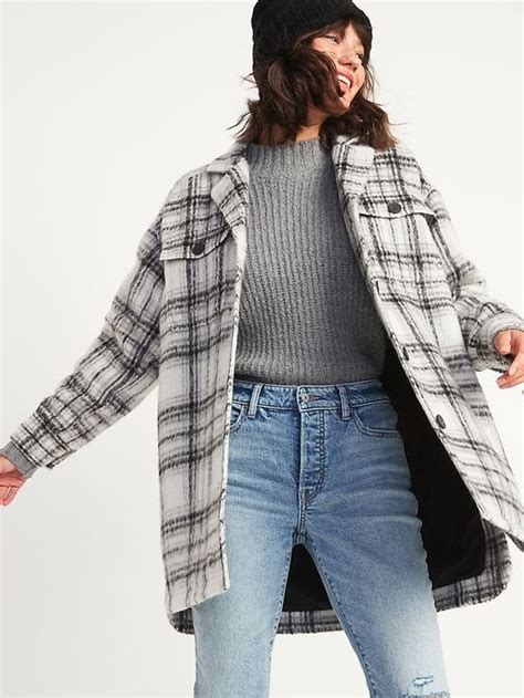 Oversized Soft Brushed Plaid Long Shirt Jacket For Women Old Navy