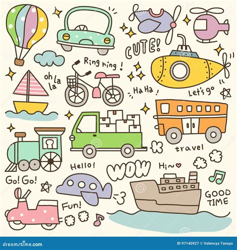 Set Of Cute Transportation Doodle Stock Vector Illustration Of