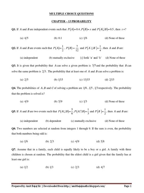 Ch 13 Probability Multiple Choice Questions With Answers