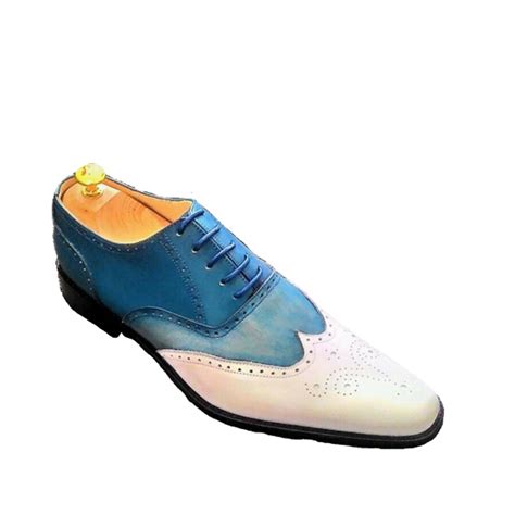 Bespoke Handmade White Blue Color Wing Tip Brogues Oxford Men S Shoes