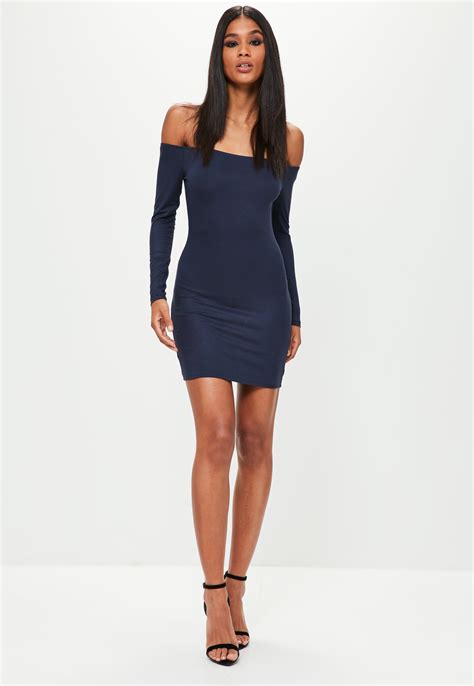 Lyst Missguided Navy Bardot Long Sleeve Bodycon Dress In Blue