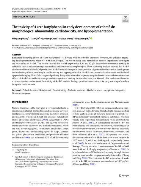 The Toxicity Of Tert Butylphenol In Early Development Of Zebrafish