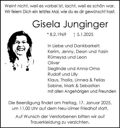 Traueranzeigen von Gisela Junginger Südwest Presse Trauer