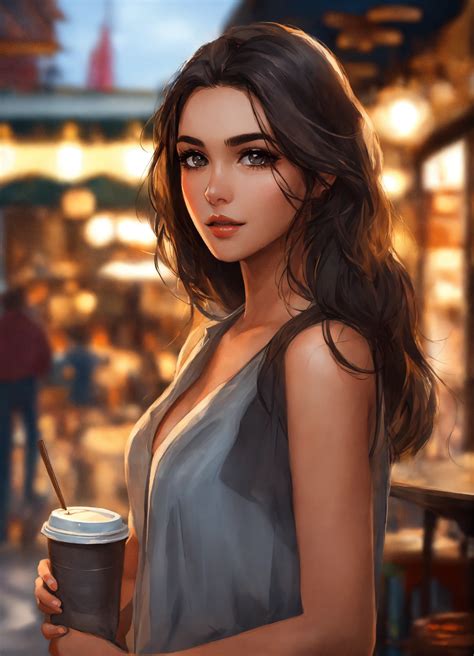 Lexica Portrait Draw Beautiful Girl Dark Hair Gray Eyes Open Shirt She Walks To The Cafe