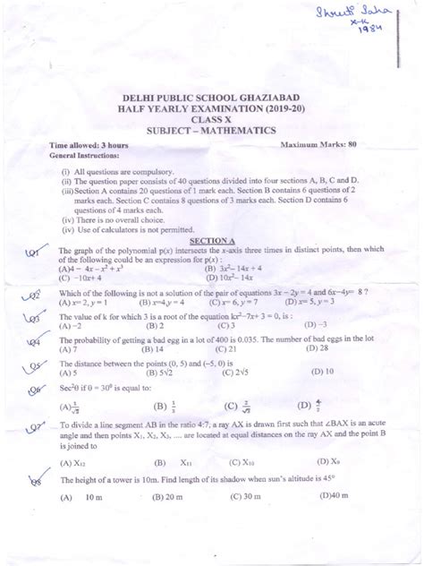 Cbse Class 10 Half Yearly Question Paper Maths 2019 20 Pdf